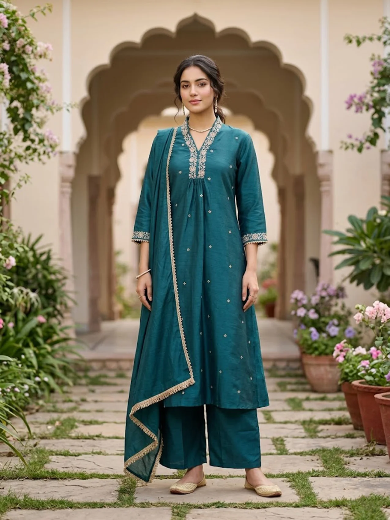 Peacock Blue Art Silk Cording A Line Kurta With Pant Regular And Dupatta